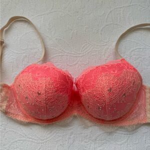 Victoria's Secret Dreams Angels Coral Lace Bra with Rhinestone NWOT 34D